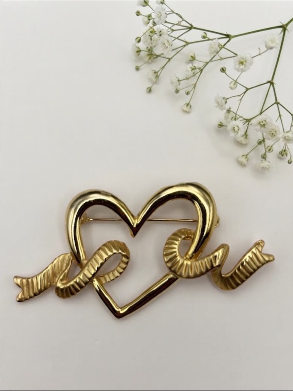 Vintage Gold-Tone Heart with Ribbon Brooch